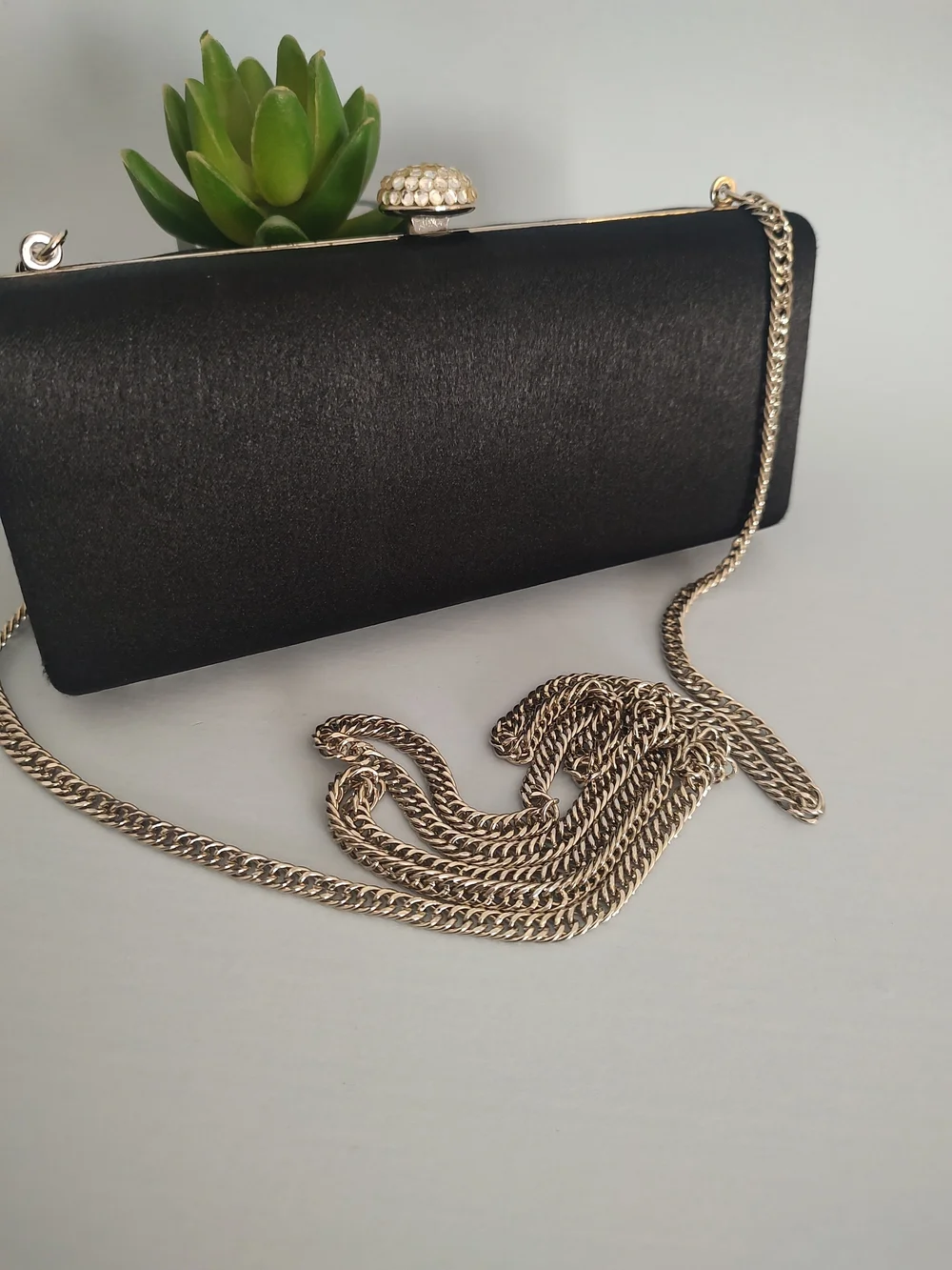 Black Satin Evening Clutch with Jewel Accent